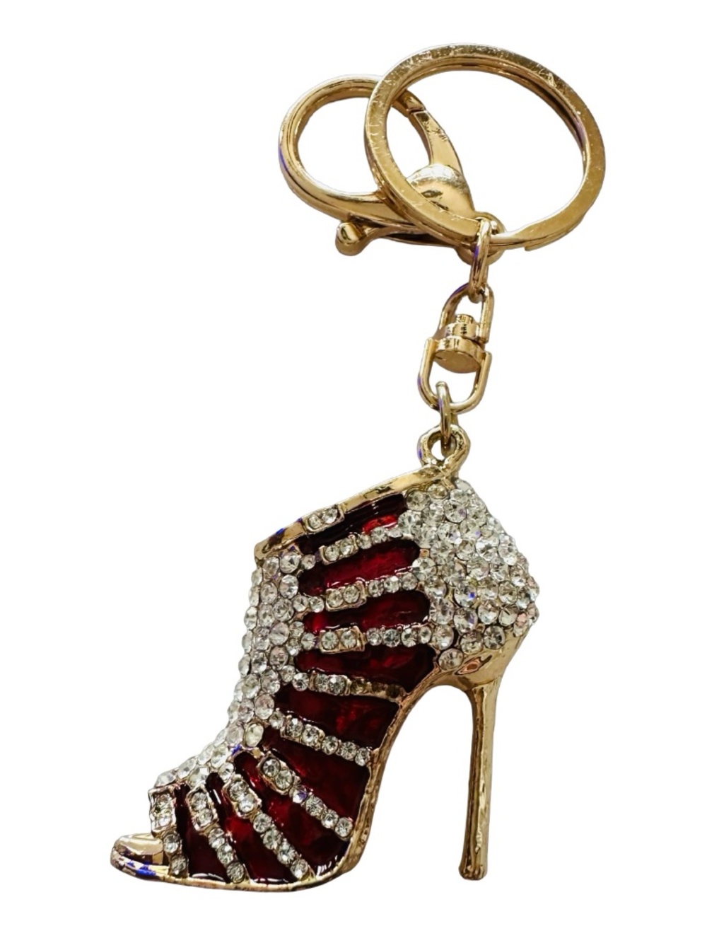 Gold-tone Red Enameled Jeweled High Heels Keychain Ring Handbag Charm 5” Luxury